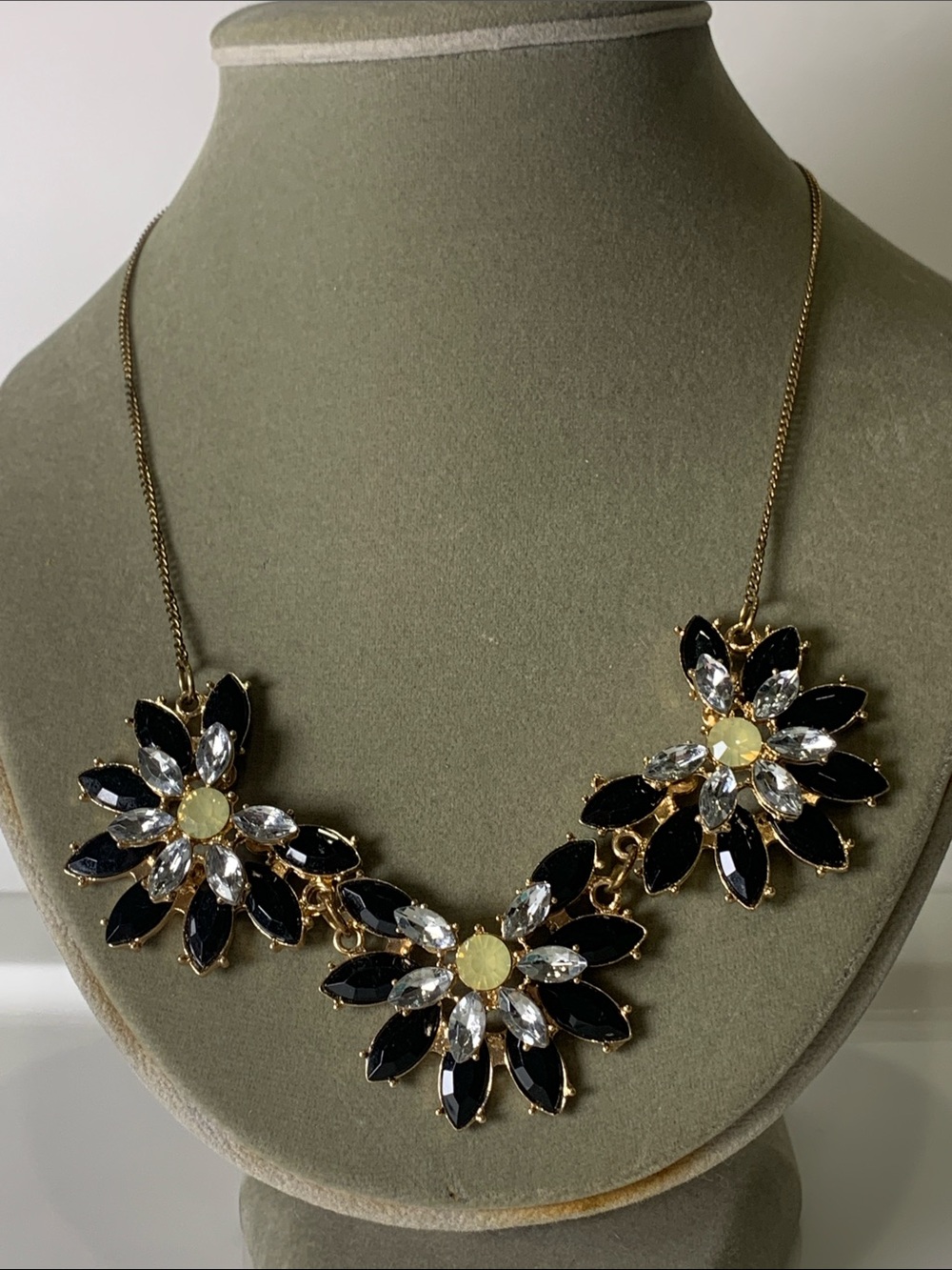 Black and Crystal Flower Cluster Necklace, Unbranded